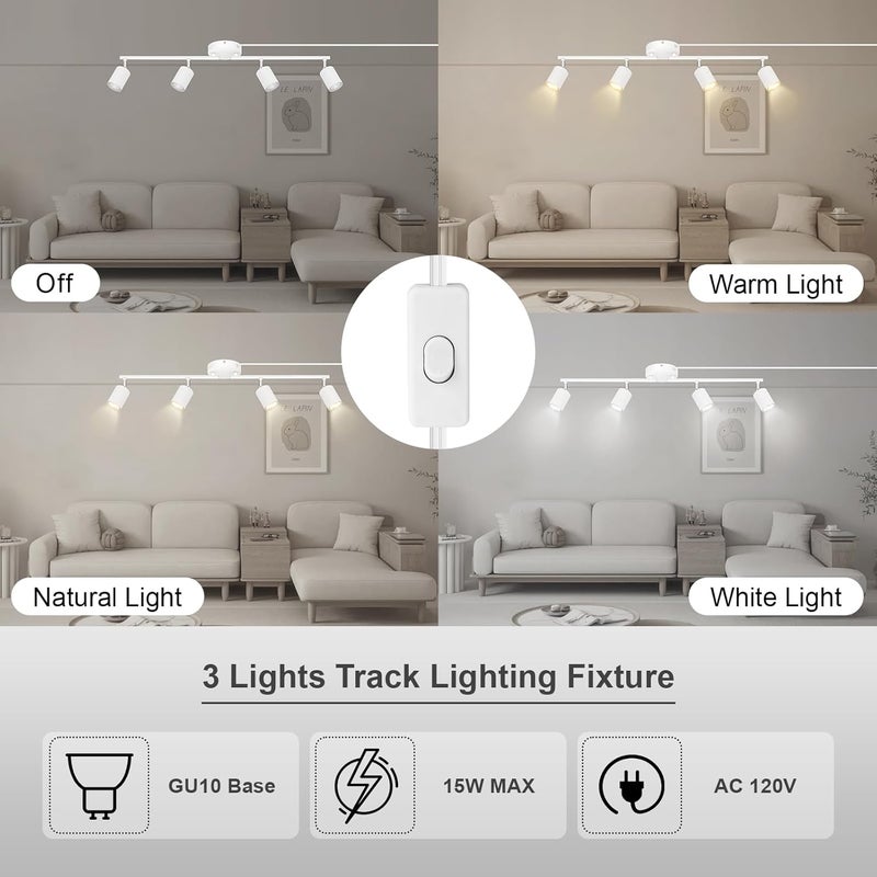 AUQUEE Track Lighting Plug in, LED Track Lighting Fixtures Ceiling Kit, White 4-Light Ceiling Light Plug-in, Wall Light with 14.8ft Power Cord, Rotatable Kitchen Spotlight for Bedroom(GU10 Socket, NO Bulb) - Image 3